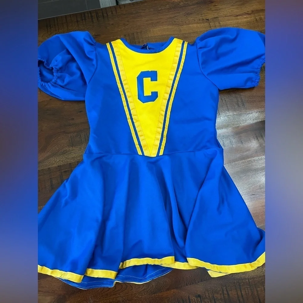 Vintage Blue & Yellow Cheerleader Uniform Dress – “C” Front – Puff Sleeve – 17”